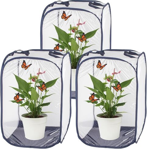 24" M Size Blue Butterfly Habitat Cage, Monarch Butterfly Habitat, Butterfly Cage for Caterpillars, Flying Insect Mesh Cage, Outdoor Observation Plant, Pop-Up Open Size: 16"x16"x24" in Kuwait