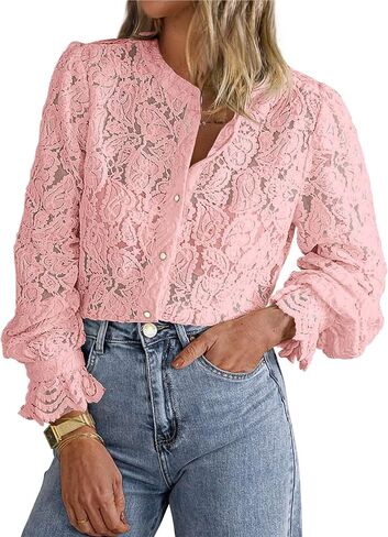 PRETTYGARDEN Women's Dressy Casual Lace Blouse Long Sleeve Button Up Shirts Tops Fall Fashion Clothes in Saudi Arabia