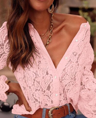 PRETTYGARDEN Women's Dressy Casual Lace Blouse Long Sleeve Button Up Shirts Tops Fall Fashion Clothes in Saudi Arabia