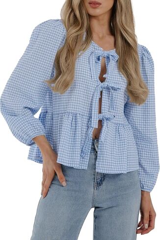 PRETTYGARDEN Women's Babydoll Peplum Blouse Shirt Puff Long Sleeve Bow Tie Front Trendy Cute Y2K Going Out Tops in Saudi Arabia