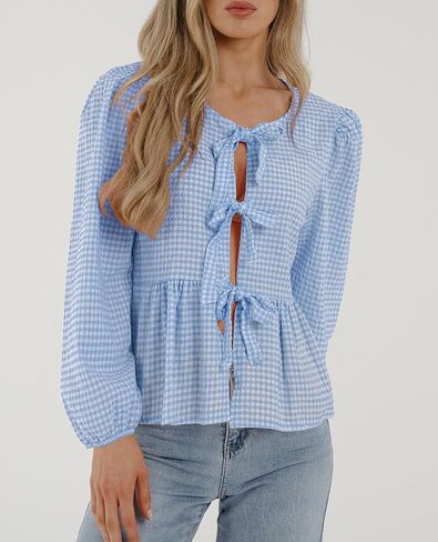 PRETTYGARDEN Women's Babydoll Peplum Blouse Shirt Puff Long Sleeve Bow Tie Front Trendy Cute Y2K Going Out Tops in Saudi Arabia