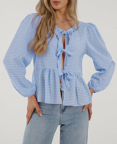 PRETTYGARDEN Women's Babydoll Peplum Blouse Shirt Puff Long Sleeve Bow Tie Front Trendy Cute Y2K Going Out Tops in Saudi Arabia