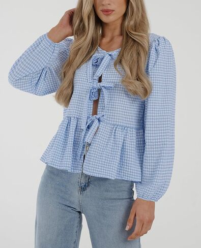 PRETTYGARDEN Women's Babydoll Peplum Blouse Shirt Puff Long Sleeve Bow Tie Front Trendy Cute Y2K Going Out Tops in Saudi Arabia