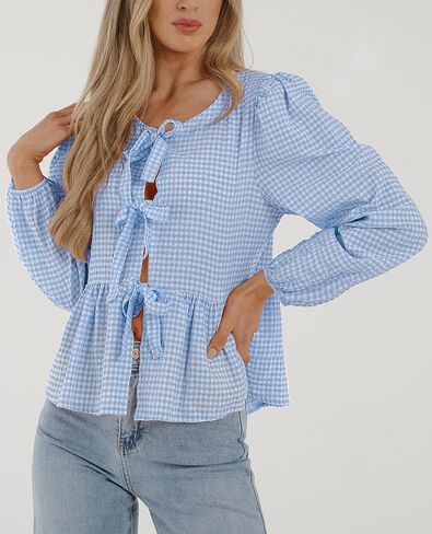 PRETTYGARDEN Women's Babydoll Peplum Blouse Shirt Puff Long Sleeve Bow Tie Front Trendy Cute Y2K Going Out Tops in Saudi Arabia