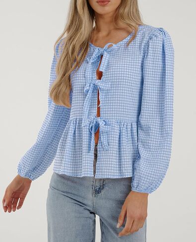 PRETTYGARDEN Women's Babydoll Peplum Blouse Shirt Puff Long Sleeve Bow Tie Front Trendy Cute Y2K Going Out Tops in Saudi Arabia