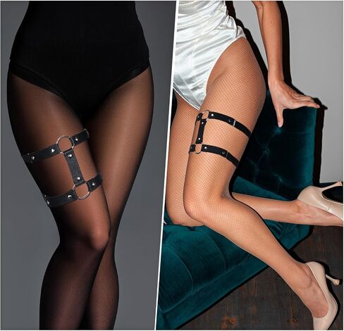 2 PCS Thigh Garters for Women, Adjustable Elastic Leather Leg Harness for Woman 2 Rows Leg Garters for Thigh, Thigh Harness Punk Thigh Straps Gothic Thigh Rings Garter Thigh Holster Strap Halloween in Saudi Arabia