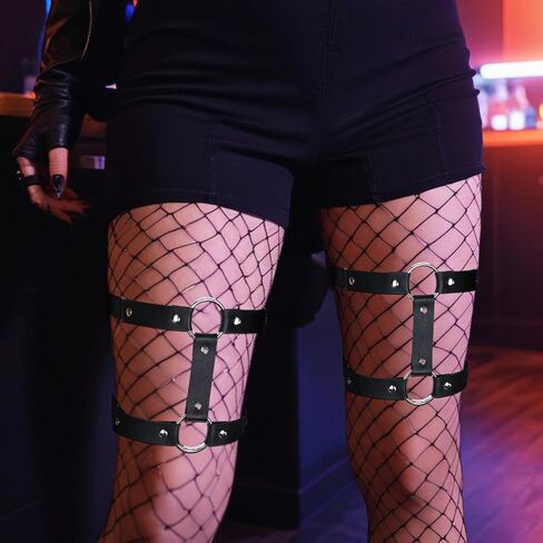 2 PCS Thigh Garters for Women, Adjustable Elastic Leather Leg Harness for Woman 2 Rows Leg Garters for Thigh, Thigh Harness Punk Thigh Straps Gothic Thigh Rings Garter Thigh Holster Strap Halloween in Saudi Arabia