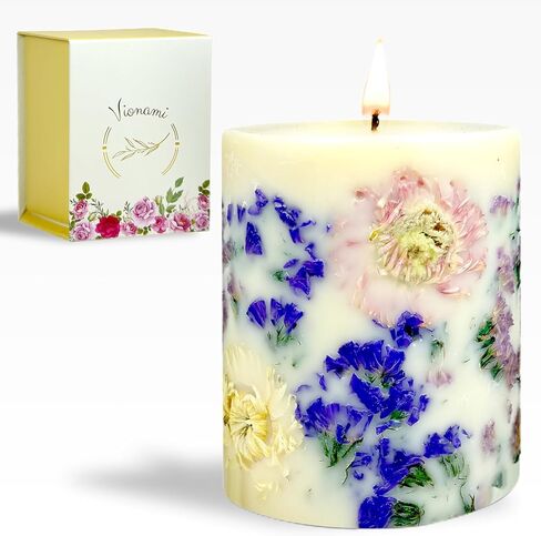 Tropical Rare Flower Scented Pillar Candle Gift for Women - Long Burning Natural Soy Wax Scented Candle for Home - Gift-Boxed Hand Poured Luxury Candle with Dried Flowers (Forget Me Not) in Saudi Arabia