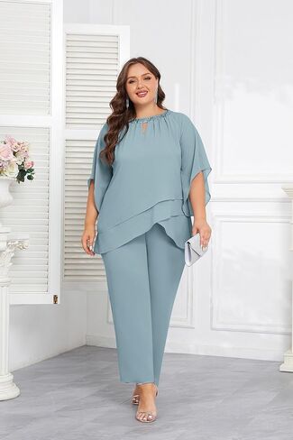 Hanna Nikole Mother of Bride Pant Suits Plus Size Half Sleeve 2 Piece Chiffon Pantsuit Formal Wedding Guest Outfit in Kuwait