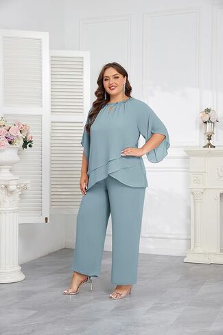 Hanna Nikole Mother of Bride Pant Suits Plus Size Half Sleeve 2 Piece Chiffon Pantsuit Formal Wedding Guest Outfit in Kuwait