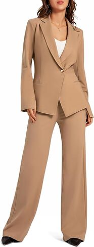 طقم بدلة نسائية مكونة من قطعتين من السترة، كاجوال غير متماثل، زر، سروال واسع الساق، مناسب للعمل in Kuwait