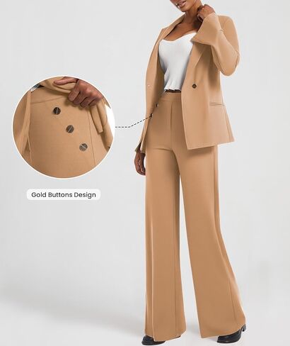 طقم بدلة نسائية مكونة من قطعتين من السترة، كاجوال غير متماثل، زر، سروال واسع الساق، مناسب للعمل in Kuwait