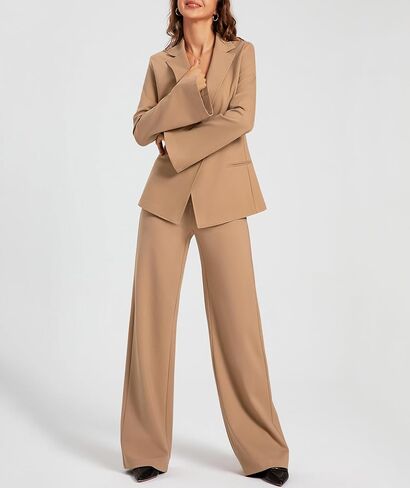 طقم بدلة نسائية مكونة من قطعتين من السترة، كاجوال غير متماثل، زر، سروال واسع الساق، مناسب للعمل in Kuwait