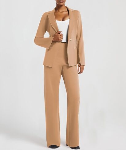 طقم بدلة نسائية مكونة من قطعتين من السترة، كاجوال غير متماثل، زر، سروال واسع الساق، مناسب للعمل in Kuwait