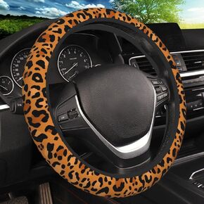 Black Leopard Print Cheetah Elastic Steering Wheel Cover, Non-Slip Breathable Neoprene Steering Wheel Covers, Women Leopard Car Accessories, Universal 15 Inch Fit Auto, Suvs, Truck