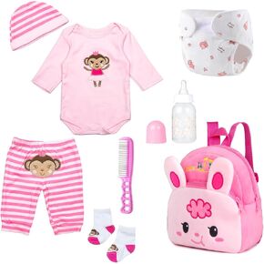 8 Pieces Reborn Doll Clothes Pink Accessories Set with Backpack for 17-22 inch Reborn Baby Doll Girl Clothing Kids Caring Set
