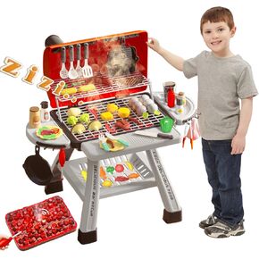 Barbecue Grill Toy Set, Kids BBQ Kitchen Playset with Smoke Sound Light Simulation Camping Cooking Interactive Pretend Play Food Toy for Toddlers Girls Boys Ages 2-6