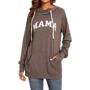KAKALOT Women's Mama Bear Print Cowl Neck Hooded Sweatshirt Drawstring Pullover Top in Kuwait