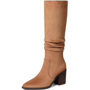 VOMIRA Knee High Boots Women Suede Boots Pointy Toe Chunky Block Heels Side Zipper Wide Calf Boots Fashion Dress Tall Boots Fall Winter Long Boots