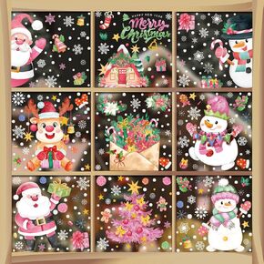 351 PCS Snowflake Christmas Decorations-9 Sheets Christmas Window Stickers for Glass,Pink Santa Claus Stickers Decals Decor, Winter Snowflakes Holiday Party Home Kitchen Decorations