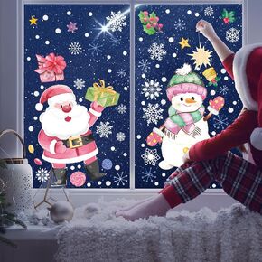 88PCS Christmas Window Clings for Glass-Pink Santa Claus Christmas Snowflake Decorations Christmas Window Sticker for Home School Office Party Supplies(2 Sheets)