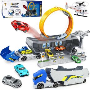 CORPER TOYS Transport Carrier Truck with Race Car Track Toys Playset for Kids with Road Sign and Vehicles Set for Boys Gift for Birthday Christmas