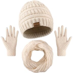Winter Beanie Hat Scarf Gloves Set, Warm Knit Winter Hats Touchscreen Gloves Thick Neck Warmer Winter Scarf for Women