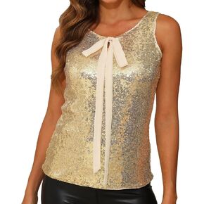 Women's Fashion Sequin Top Sleeveless Bow V-Neck lace-up Glitter Party Halter Vest Cocktail Slim-fit Vest