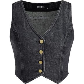 CIDER Denim V-neck Button Crop Vest