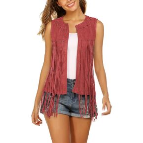 HOTOUCH Women Tassel Vest Fringe Vest 70s Hippie Faux Suede Sleeveless Vest Jacket XS-XXXL