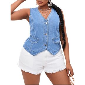 MakeMeChic Women's Plus Size Jean Denim Vest Tops Y2K Button Down V Neck Sleeveless Jean Jacket Waistcoat Vest