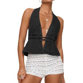 Women Sexy Backless Denim Vest Deep V Neck Sleeveless Tie Up Ruffle Hem Halter Jean Vest Slim Fitted Crop Top