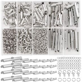 JOJOPLAY All Size Slider Clasp for Beading Slide Tube Cord Ends with Open Jump Rings Lobster Clasp Chain Extender Jewelry Finding Kit Bead Loom End Bar for Jewelry Making (Silver)