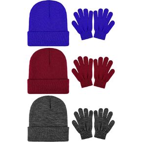 Cooraby 6 Pack Kid's Winter Beanies Hat Full Fingers Gloves Set Skull Winter Caps Stretchy Gloves for Boys Girls