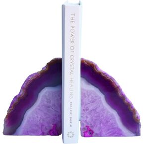 Natural Pink Dyed Agate Geode Bookends - 2 to 3 lb Heavy Duty Rock Crystal Stone Book Ends for Shelves, with Rubber Bumpers, Decorative Book Holders for Home Office