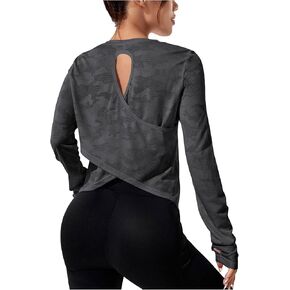 تي شيرت SweatyRocks نسائي طويل الأكمام للتمرينات الرياضية وملابس رياضية متقاطعة من الخلف لليوجا الرياضية in Kuwait