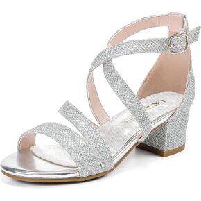 Girls Sandals Chunky High Heel Strappy Open Toe Ankle Strap Dress Shoes for Little Big Kids in Wedding Party