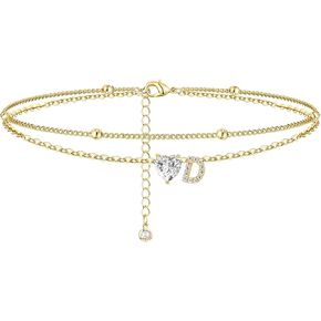 Ankle Bracelets for Women Waterproof 14K Gold Plated CZ Initial Anklet for Women Dainty Layered Letter Heart Ankle Bracelets Handmade Adjustable Foot Chain Anklet Summer Beach Jewelry
