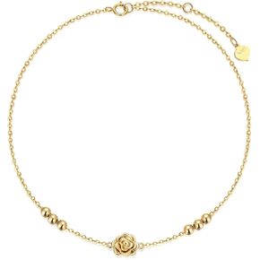 Solid 14K Gold Rose/Sunflower Anklet Bracelet for Women Birthday Christmas Gift for Her Mom Beach Foot Jewelry, 8+1+1 Inch