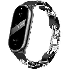 XIHAMA Compatible for Xiaomi Mi Band 8 Band,Replacement Strap Openwork Design Stainless Steel Ring Leather Chain Belt Mi band 9 Belt Breathable Elegant Replacement Band for Ladies