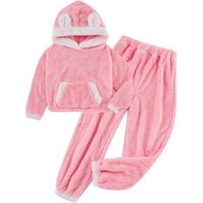 Funnycokid Girls Fleece Pajamas Sets Solid Color Sleepwear Bear Ear Loungewear Pants Set 6-13Y