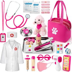 Doctor Kit for Kids Girls, 36 Pcs Veterinarian Playset for Kids, Doctor Kit for Toddlers 3-5 with Dog Toy & Real Stethoscope, Kids Vet Kit Pretend Play Doctor Toys, Doctor Play Gift for Kids