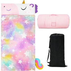 Unicorn Toddler Nap Mats for Preschool Girls with Pillow Blanket,35" X 63" Pink Cartoon Sleeping Bag for Daycare Ages 3-6 Yeas,Kids Slumber Bag Nap Pad with Removable Pillow for Travel Camping