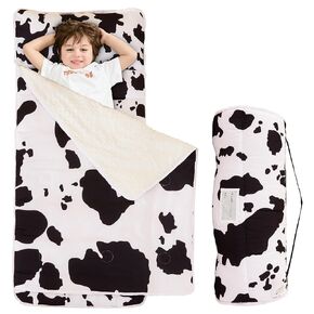 Viviland Pink Cow Nap Mat, Girls Slumber Bag, Daycare Sleeping Bag with Pillow and Blanket, Animal Flat Print Kindergarten Sleep Mat
