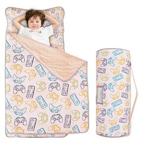 Viviland Pink Cow Nap Mat, Girls Slumber Bag, Daycare Sleeping Bag with Pillow and Blanket, Animal Flat Print Kindergarten Sleep Mat