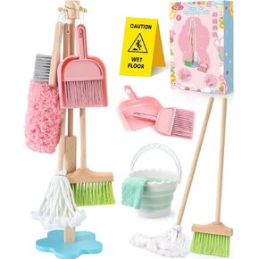 Wooden Kids Cleaning Toy Set for Toddlers Mop Broom and Dustpan Set, 12 Pcs Detachable Housekeeping Playset with Bucket Duster Brushes Pretend Play Cleaning Toys Gift for Boy Girl Age 3 4 5 6