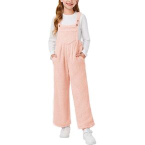 Haloumoning Girls Fleece Overalls Kids Winter Loose Wide Leg Jumpsuit Rompers with Pockets 7-14 Years