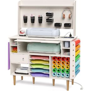 𝐂𝐫𝐚𝐟𝐢𝐭 Craft Table for Cricut Machines, Craft Storage Cabinet with Power Outlet, Pegboard, Vinyl Holders, Craft Organizer Crafting Desk Workstation Organization for Craft Room Home