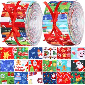 Fanfanwin 40 Pcs Vintage Christmas Quilting Fabric Jelly Fabric Squares Patchwork Roll 2.56 Inch Rustic Precut Santa Claus Snowman Snowflake Fabric Strips for Xmas Craft Sewing DIY