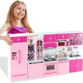 64 PCS Pink Kitchen Toys with Lights Sounds|Kids Play Mini Furniture Sets for Kids Ages 4-8|Doll Playset Toys for Toddlers 3-5|Birthday Gifts for 3 4 5 6 7 8 Old Girls